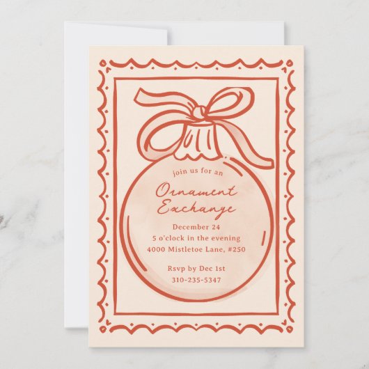 レッドアイボリードードルオーナメントエクスチェンジホリデーパーティー 招待状 (正面)