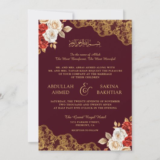 レッドアイボリーフローラ金ゴールドレースブルガンディムスリム結婚ズ 招待状 (正面)