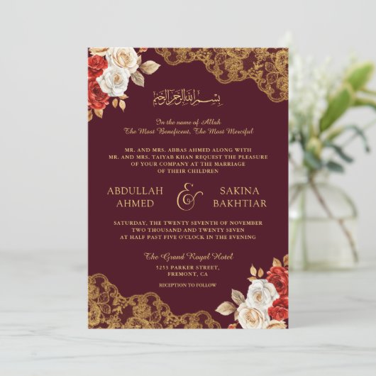 レッドアイボリーフローラ金ゴールドレースブルガンディムスリム結婚ズ 招待状 (スタンド正面)