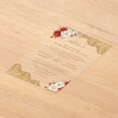 レッドアイボリーフローラ金ゴールドレースムスリム結婚ズ アクリル招待状 (レイダウン)