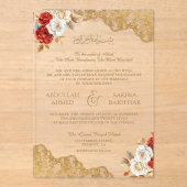 レッドアイボリーフローラ金ゴールドレースムスリム結婚ズ アクリル招待状 (正面)