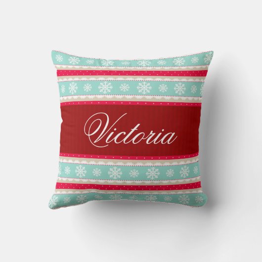 レッドアクアスノーフレークスクリスマスパターン名前をカスタムする クッション (裏面)