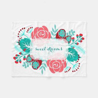 レッドアクアティール（緑がかった色）ヴィンテージフローラルパターン フリースブランケット