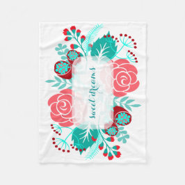 レッドアクアティール（緑がかった色）ヴィンテージフローラルパターン フリースブランケット