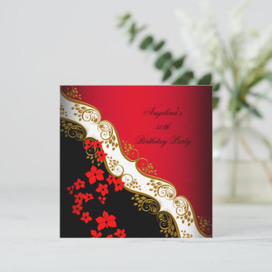 レッドアジア白黒フローラ金ゴールド誕生日パーティー 招待状 (スタンド正面)