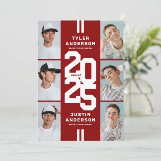 レッドアスリート写真コラージュ共同卒業式パーティー 招待状 (スタンド正面)