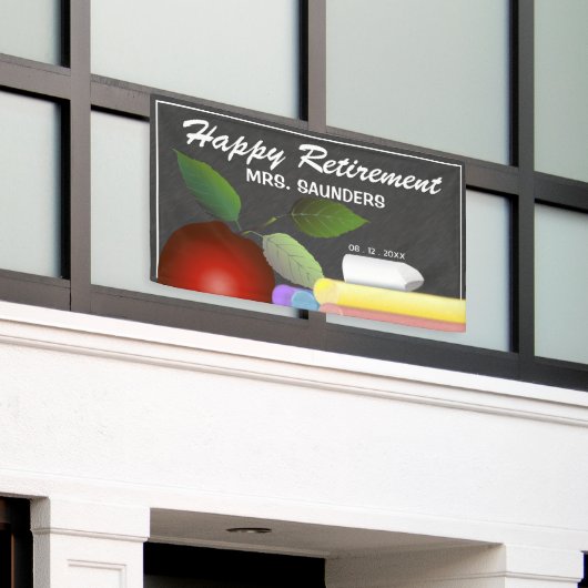 レッドアップルとチョーク |先生退職 横断幕 (ビルの外側)