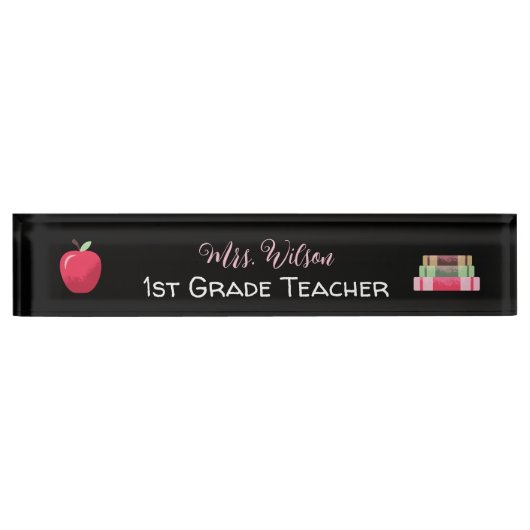 レッドアップル、本、先生ブラック机用ネームプレート デスクネームプレート (正面)