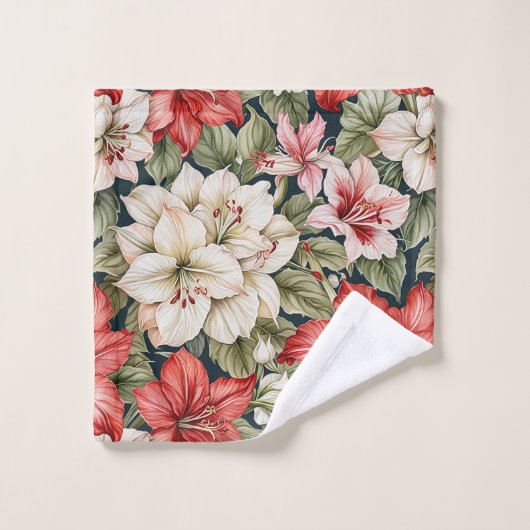 レッドアマリリス&ホワイトアザレアクリスマス バスタオルセット (ウォッシュタオル)