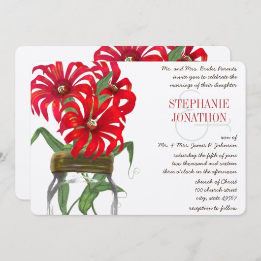 レッドアンデスマウンテンワイルドフラワーメイソンジャー結婚ズ 招待状 (正面/裏面)