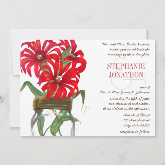 レッドアンデス山脈の野生の花を飾ったメイソンジャーウェディング 招待状 (正面)