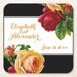 レッドアンドイエローローズボヘミアンカスタムヴィンテージ スクエアペーパーコースター