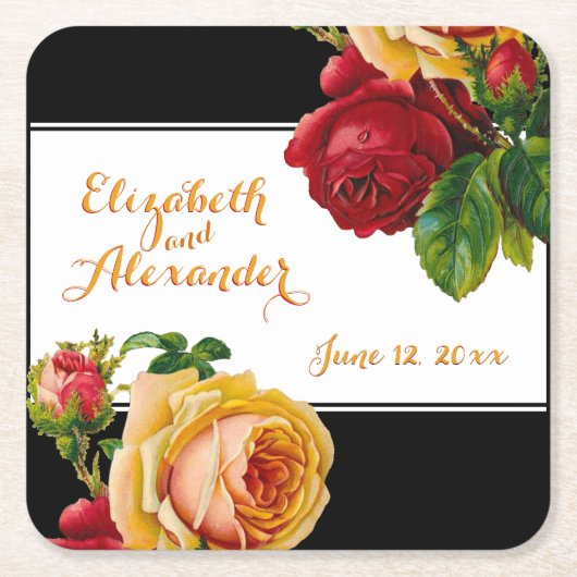 レッドアンドイエローローズボヘミアンカスタムヴィンテージ スクエアペーパーコースター (正面)