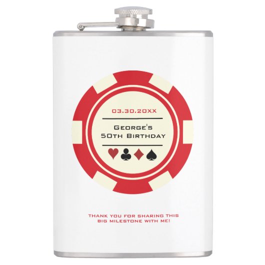 レッドアンドクリームカジノトランプのポーカーチップベガス誕生日 フラスク (正面)