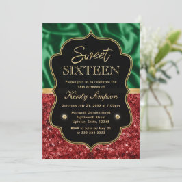 レッドアンドグリーンホリデーきらめくスウィート16 招待状