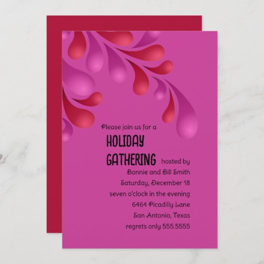 レッドアンドピンクプルームはっきりしたホリデーパーティー招待状 招待状 (正面/裏面)