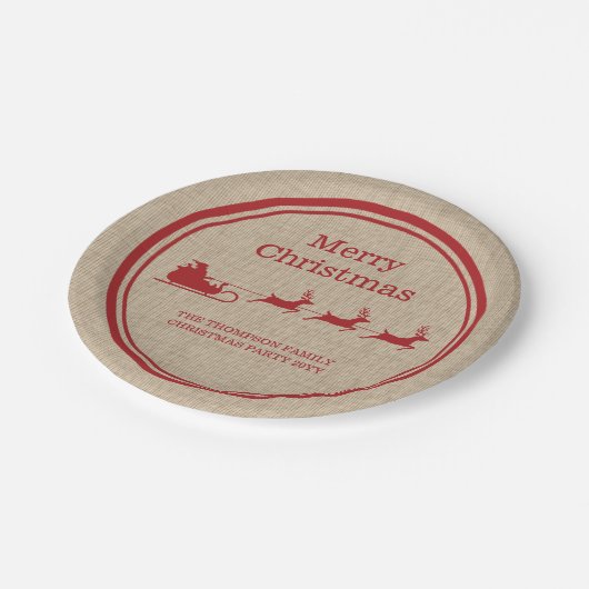 レッドアンドベージュサンタスレハイクリスマス&カスタム文字 ペーパープレート (アングル)