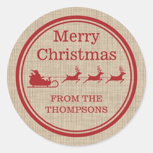 レッドアンドベージュサンタスレハイクリスマス&カスタム文字 ラウンドシール (正面)