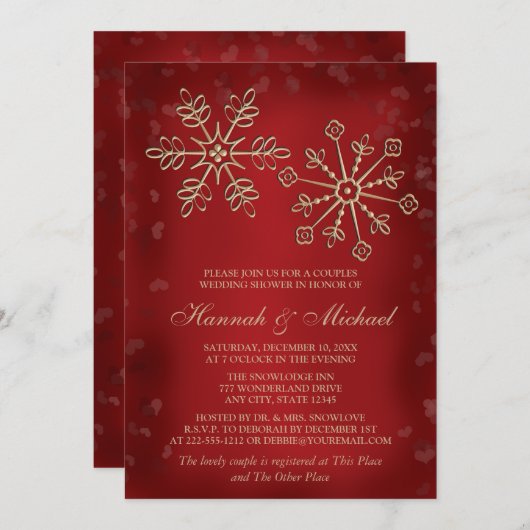 レッドアンド金ゴールドスノーフレークカップルウェディングシャワー 招待状 (正面/裏面)