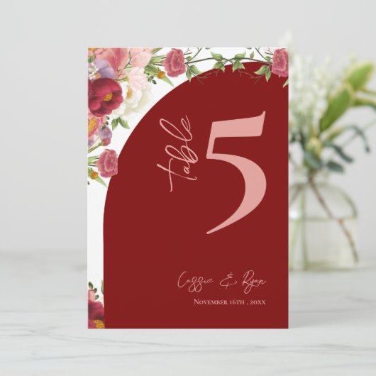 レッドアーチピーチフローラウェディングパーティーテーブル番号 サンキューカード (スタンド正面)