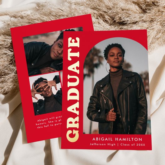 レッドアーチフォトフォイル卒業発表 箔招待状