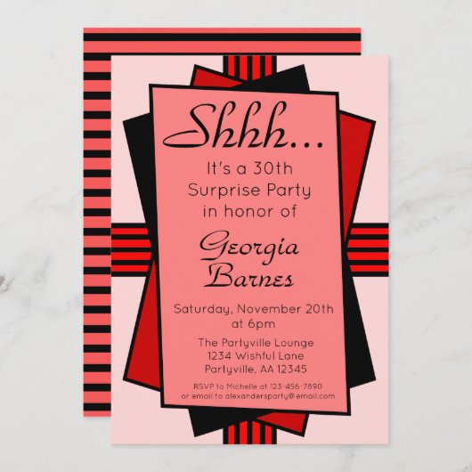 レッドアールデコサプライズパーティー誕生日 招待状 (正面/裏面)