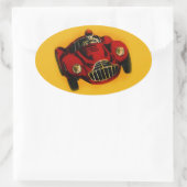 レッドイエローオールドオートレーシングカー 楕円形シール (バッグ)