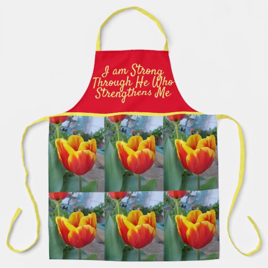 レッドイエローチューリップフラワーゴッド引用文私は強い エプロン (正面)