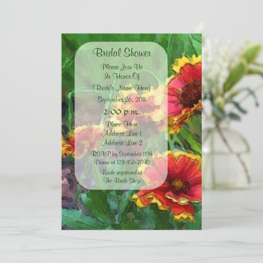 レッドイエローデイジーフローラブライダルシャワー招待状 招待状 (スタンド正面)