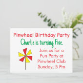 レッドイエローピンホイール子供の誕生日パーティー 招待状 (スタンド正面)