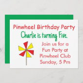 レッドイエローピンホイール子供の誕生日パーティー 招待状 (正面/裏面)