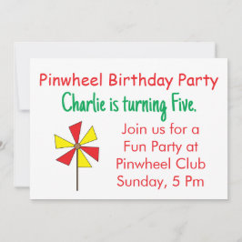 レッドイエローピンホイール子供の誕生日パーティー 招待状