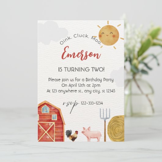 レッドイエローファームウォーター色かわいい誕生日パーティー 招待状 (スタンド正面)