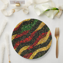 レッドイエローブラックウェーブオブフェスティバルグリッター ペーパープレート