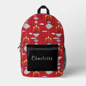 レッドイエローホワイトミッドセンチュリーパターモダンン プリントバックパック (正面)