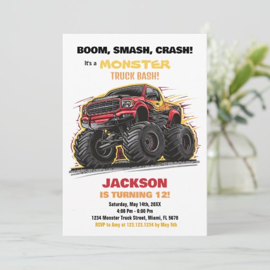 レッドイエローモンスタートラック誕生日招待状 招待状 (スタンド正面)