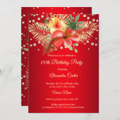 レッドイエロー金ゴールドパームフローラ誕生日 招待状 (正面/裏面)