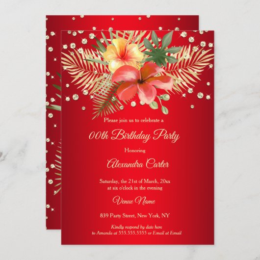 レッドイエロー金ゴールドパームフローラ誕生日 招待状 (正面/裏面)