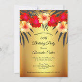 レッドイエロー金ゴールドブラックパームハイビスカスバースデーパーティー 招待状 (正面)