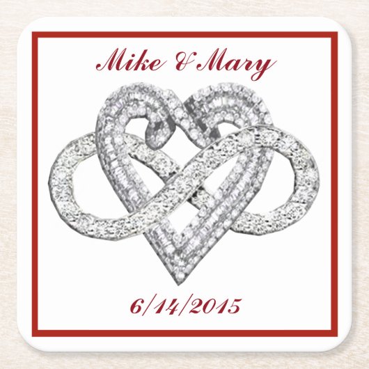 レッドインフィニティパーソナライズされたハート紙コースター スクエアペーパーコースター (正面)