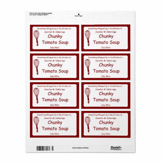 レッドウィスクホームパーソナライズされたメイドフード ラベル (フルシート)