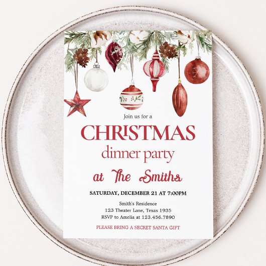レッドウィンターオーナメントディナークリスマスパーティー 招待状