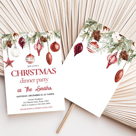 レッドウィンターオーナメントディナークリスマスパーティー 招待状