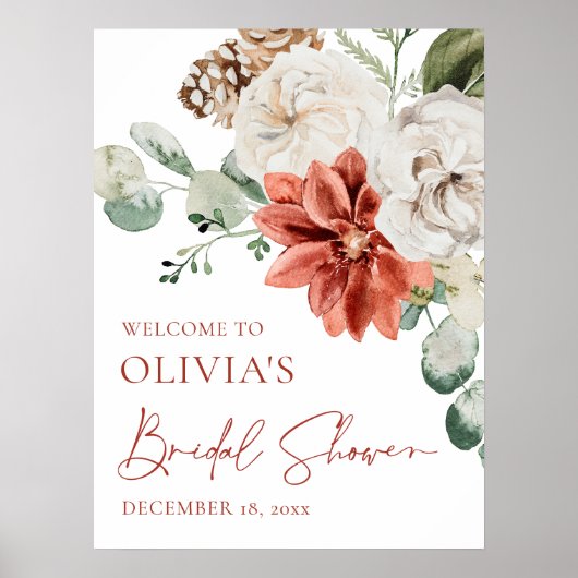 レッドウィンタークリスマスブライダルシャワーウェルカムサイン ポスター (正面)