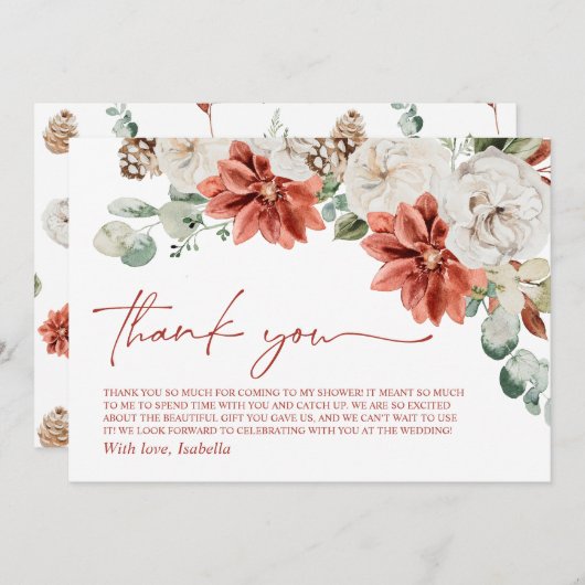 レッドウィンタークリスマスブライダルシャワーサンキューカード 招待状 (正面/裏面)