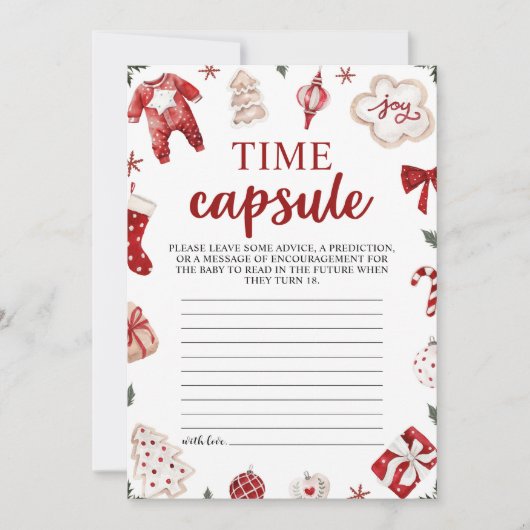 レッドウィンタークリスマスベビーシャワータイムカプセルカード 招待状 (正面)