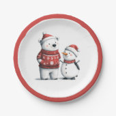 レッドウィンターベア&雪だるま | 冬のワンダーランド ペーパープレート (正面)