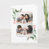 レッドウィンターベリーとホリー2枚の写真クリスマス シーズンカード (正面)