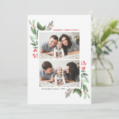 レッドウィンターベリーとホリー2枚の写真クリスマス シーズンカード (スタンド正面)