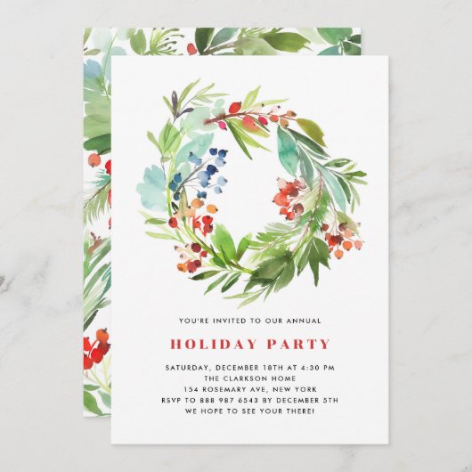 レッドウィンターベリーアンドジュニパーリースホリデーパーティー 招待状 (正面/裏面)